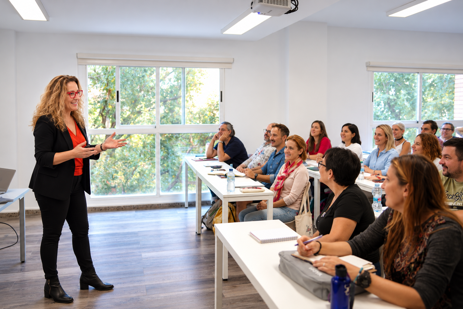 Formadora impartiendo una clase a un grupo de personas adultas